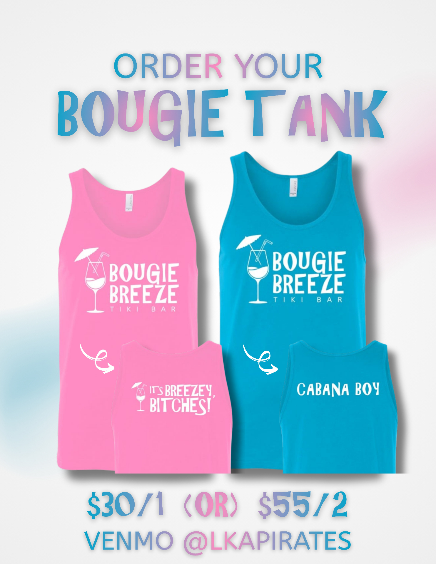 Bougie Breeze Tiki Bar tank tops — pink and blue with 'It's Breezey, Bitches!' and 'Cabana Boy'